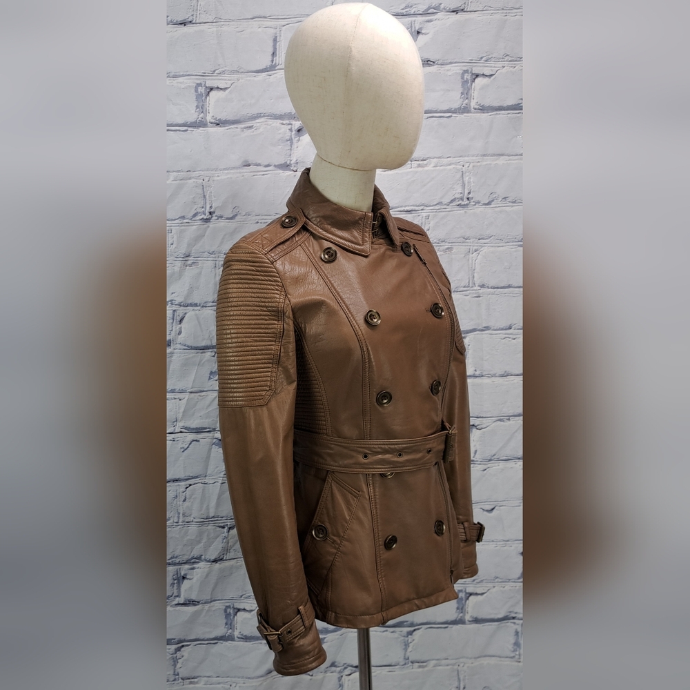 Burberry Women's 100% Calf Leather Moto Jacket Biker Brown Zip Cuffs Size 4 US - Picture 3 of 10